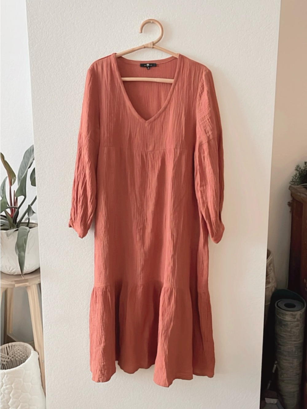 7 For All Mankind Rust Midi V-Neck Tiered Dress